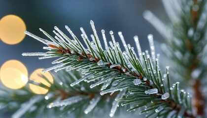 Close up of a pine branch covered in ice with blurred festive lights in the background, winter season photo