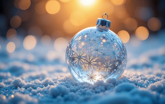 Clear glass christmas ornament with snowflake patterns on snowy ground, sparkling with golden bokeh lights in the background, festive winter holiday photo