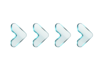 Minimal, transparent UIUX arrows with a simple, diagonal up right shape and a subtle, glowing cyan edge, a 3D glassmorphism arrow icon set isolated on white