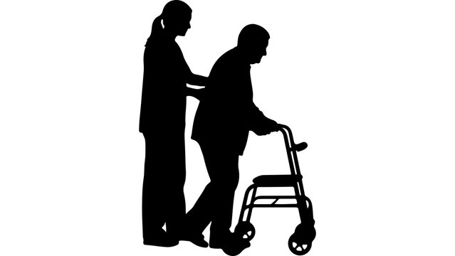 Caregiver assisting senior with walker with transparent background