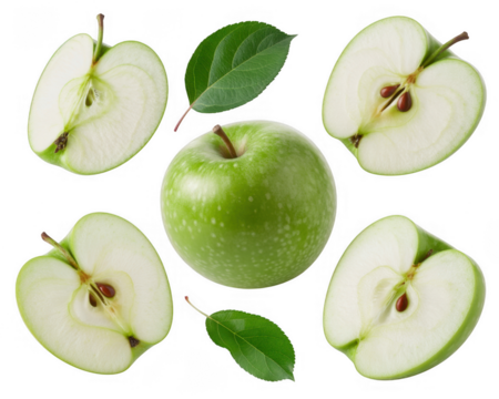 Green apple slices and whole apple fruit isolated on a transparent background - Powered by Adobe