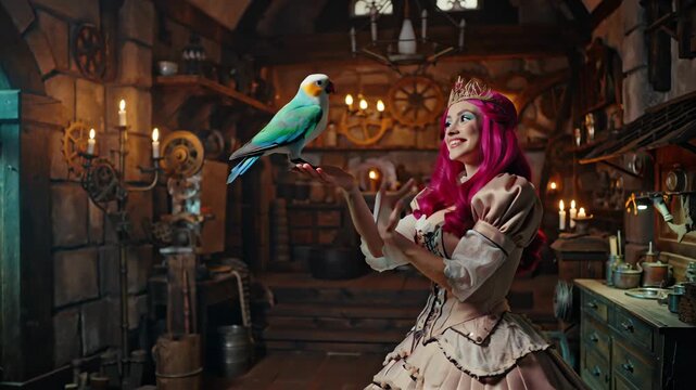 Enchanting Pirate Princess with Parrot in Ship Cabin.