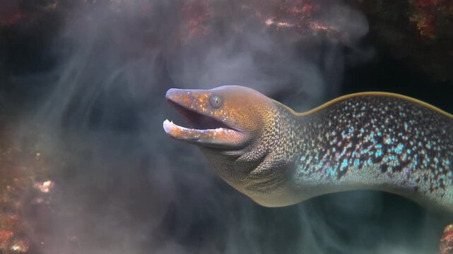 A moray eel with an open mouth swimming in a cloudy underwater environment.