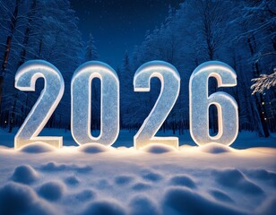 2026 3D numbers covered by snow in a forest on winter season at night with copy space