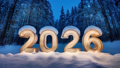 2026 3D numbers covered by snow in a forest on winter season at night with copy space