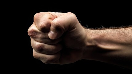Close Up of an Empowered Human Fist Raised Against a Dark Background Emphasizing Strength and Determination in a Dynamic Gesture of Resolve