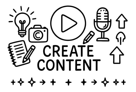 Create content: icons of microphone, play button, light bulb, camera, notebook