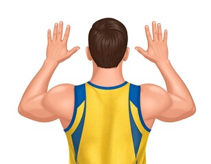 Animated depiction of a man wearing a yellow and blue jersey, seen from behind with arms raised, hands open