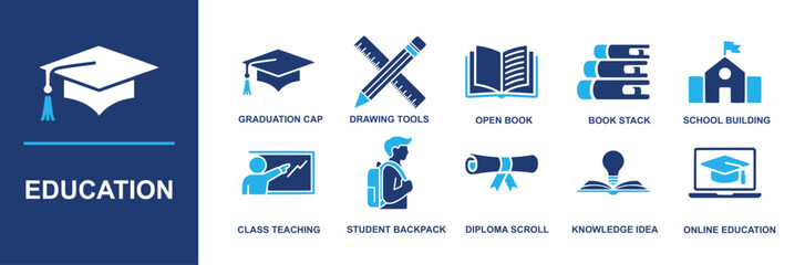 Education icon set. Containing graduation cap, drawing tools, open book, book stack, school building, class teaching, student backpack, diploma scroll, knowledge idea, online education and more. Solid