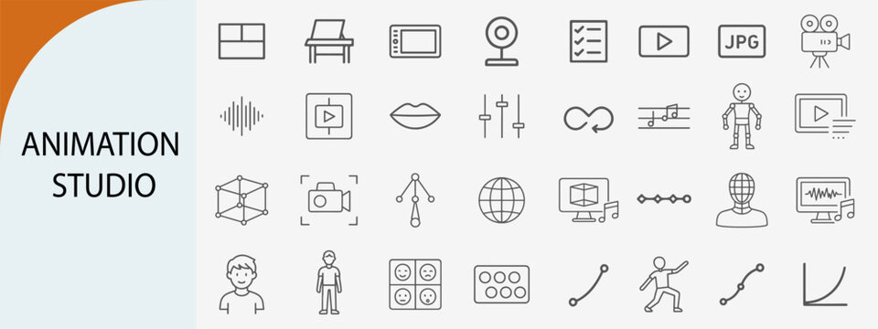 animation studio production line icons set, minimal vector illustration design
