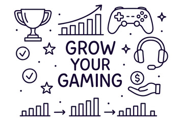 Grow your gaming: trophy, controller, headset, chart, and money icons