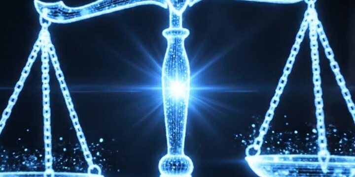 A glowing blue holographic balance scale, the scales of justice, against a dark background.