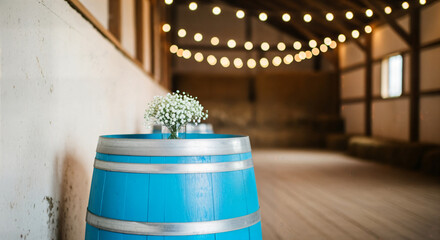 Blue painted barrel with flowers in a rustic barn with string lights
