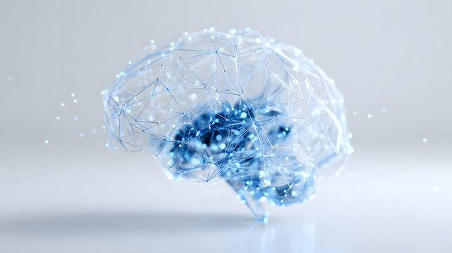 Futuristic AI brain concept with glowing blue neural network connections on white background 3D render

