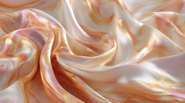 A close-up view of delicate silk fabric with swirls of color, creating an elegant and luxurious texture. The fabric appears soft and flowing