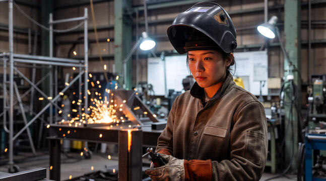 Asian female welder holding a torch in an industrial factory. Young woman worker with protective gear and helmet standing near flying sparks. Women in trades concept