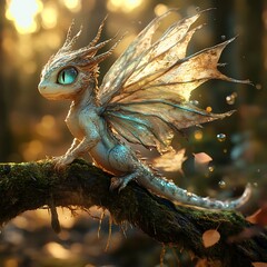 Fantasy baby dragon perched on moss-covered branch in forest with sparkling wings and glowing magical aura.