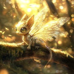 Glowing baby dragon perched on branch in enchanted forest with beautiful iridescent wings and vibrant colors.
