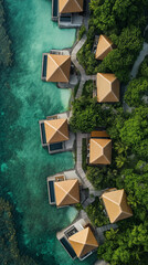 Exotic tropical island with luxury bungalow villas. Elite travel destination.