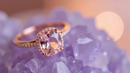 Elegant ring with pink gemstone set in rose gold, surrounded by amethyst crystals, showcasing luxury and beauty