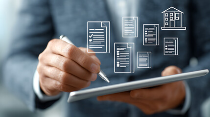 Person using stylus on tablet interacting with digital documents and building icon business hand