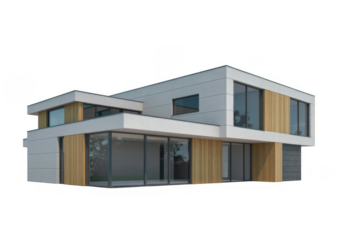 Modern house with white and wood exterior and large windows architecture building isolated on a transparent background