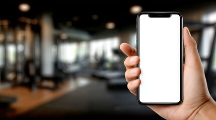 Close-up view of a hand holding an iphone with a blank screen in a softly lit gym background