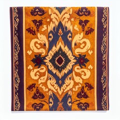 Intricate textile art featuring symmetrical designs in warm earth tones on white backdrop