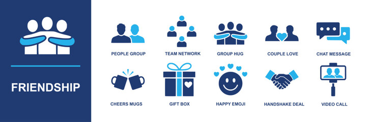 Friendship icon set. Containing people group, team network, group hug, couple love, chat message, cheers mugs, gift box, happy emoji, handshake deal, video call and more. Solid vector icons