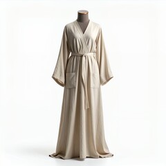 Elegant creamy dress on a mannequin against pristine white background in studio setup