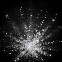 Silver glitter and shard explosion on black background