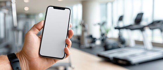 Close-up of a hand holding a smartphone with a blank screen in a modern gym setting, capturing a moment of fitness motivation