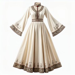 Elegant cream-colored gown with intricate detailing presented on a clean white backdrop