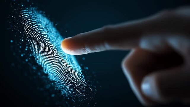 biometric fingerprint scanning with glowing touch on dark background
