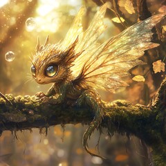 Magical small dragon with big eyes and glowing wings sitting peacefully on branch in enchanted forest.