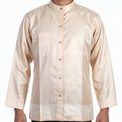 Elegant beige mandarin collar shirt, displayed against a crisp white backdrop