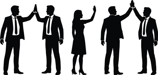 Black Silhouette Vector of Business Professionals in Suits Giving High Fives, Representing Teamwork, Success, Agreement, and Effective Corporate Collaboration.