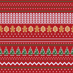 Christmas seamless pattern with holiday decorations and symbols: gingerbread man, Christmas tree, stars, snow and a knitted sweater. Merry Christmas and Happy New Year! Vector illustration.