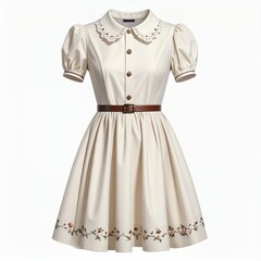 Elegant cream-colored dress with floral embroidery and a peter pan collar on white backdrop