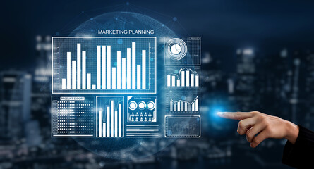 A professional hand points towards digital data visualizations showcasing marketing planning concepts against a futuristic cityscape backdrop. Impute