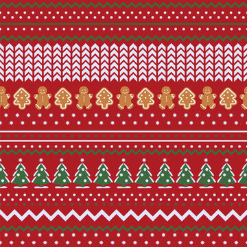 Christmas seamless pattern with holiday decorations and symbols: gingerbread man, Christmas tree, stars, snow and a knitted sweater. Merry Christmas and Happy New Year! Vector illustration.