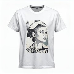 Monochrome portrait print on a white t-shirt showcasing minimalist fashion with artistic flair