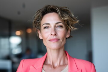 Confident female business coach in coral blazer posing in modern workspace, realistic office portrait for leadership, branding and HR content