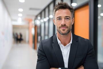 Portrait of confident startup founder in modern office hallway for SaaS and tech branding