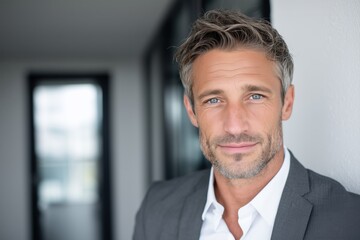 Fototapeta premium Confident professional male consultant in charcoal gray suit, standing in bright modern office, financial and consulting services marketing