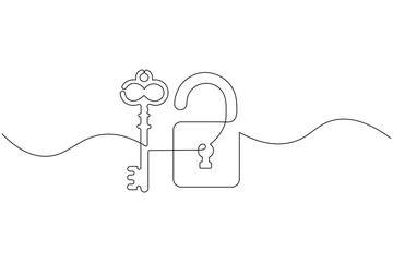 Data protection shield with padlock continuous line vector illustration
