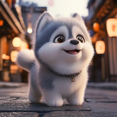 Playful animated husky puppy with big brown eyes and fluffy coat standing in a colorful street.