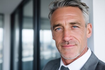 Fototapeta premium Close-up portrait of mature male financial consultant in slate gray suit, confident look for insurance services and professional branding