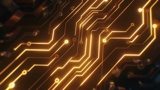 Glowing electronic pathways on a futuristic circuit board. Digital information flow and network communication concept for a wide technology banner or web header