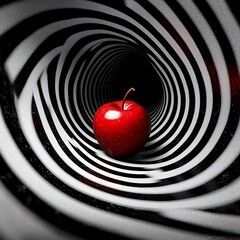 Red apple placed at the entrance of a black and white spiral, creating a striking contrast in a dynamic scene